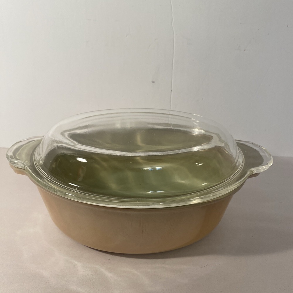 VTG Fire King 1.5 Quart Peach Luster Green Interior Casserole Dish Bowl Lid #467